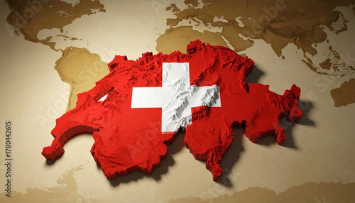 Switzerland map, highlighted in bold red and white, stands out on a vintage world map. The design showcases national pride, geography, and cultural identity.