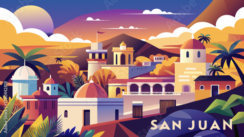 Very beautiful San Juan travel poster in cinematic minimal vector style, featuring simplified colonial skyline, colorful rooftops, ocean view, and warm Caribbean sunset tones with clean geometric shap