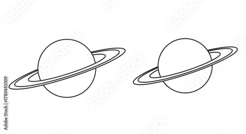 Simple black and white illustration of two planets with prominent rings