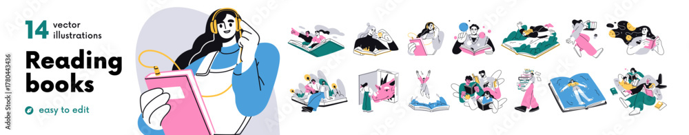 Naklejka premium People reading books concepts set. Readers with fantasy, fiction, education literature, studying. Knowledge, imagination, dream world. Flat graphic vector illustrations isolated on white background