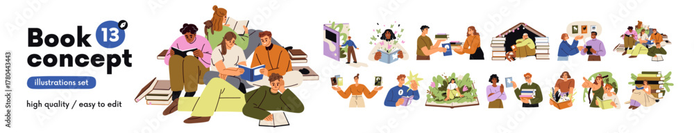 Naklejka premium People with books, concepts set. Readers read fiction, fantasy, fairytale, education and business literature for knowledge, wisdom, imagination. Flat vector illustrations isolated on white background