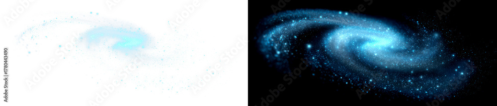 Fototapeta premium Spiral Galaxy Illustration in Vibrant Blue Display on Transparent and Black Background, png
