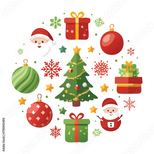 Festive circular arrangement featuring a Christmas tree, Santa Claus faces, gift boxes, ornaments, snowflakes, and stars, evoking a holiday spirit.