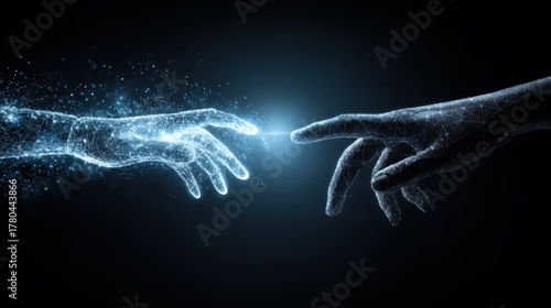 Digital hands reaching toward each other in a display of connection and innovation through technology and creativity in a dark setting