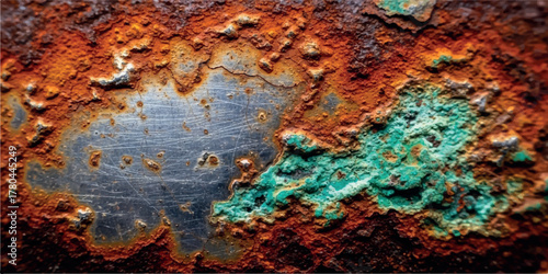 Close-up of corroded metal surface showing rust and oxidation suitable for backgrounds or textures
