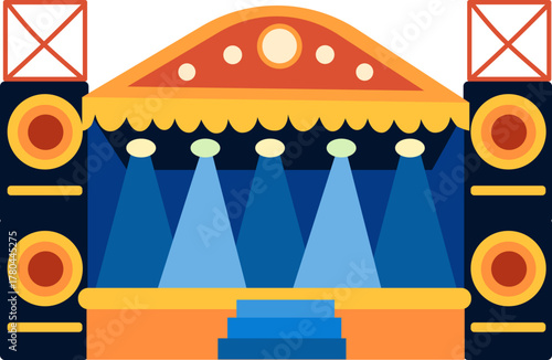 Illuminated Concert Stage Icon Blue Spotlights Speakers Sound System Music Performance Venue Festival Event Flat Vector Illustration