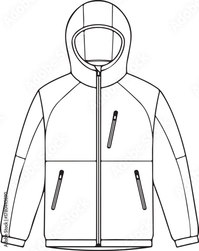Black and white line drawing of a hooded jacket with zippered pockets hoodie coat