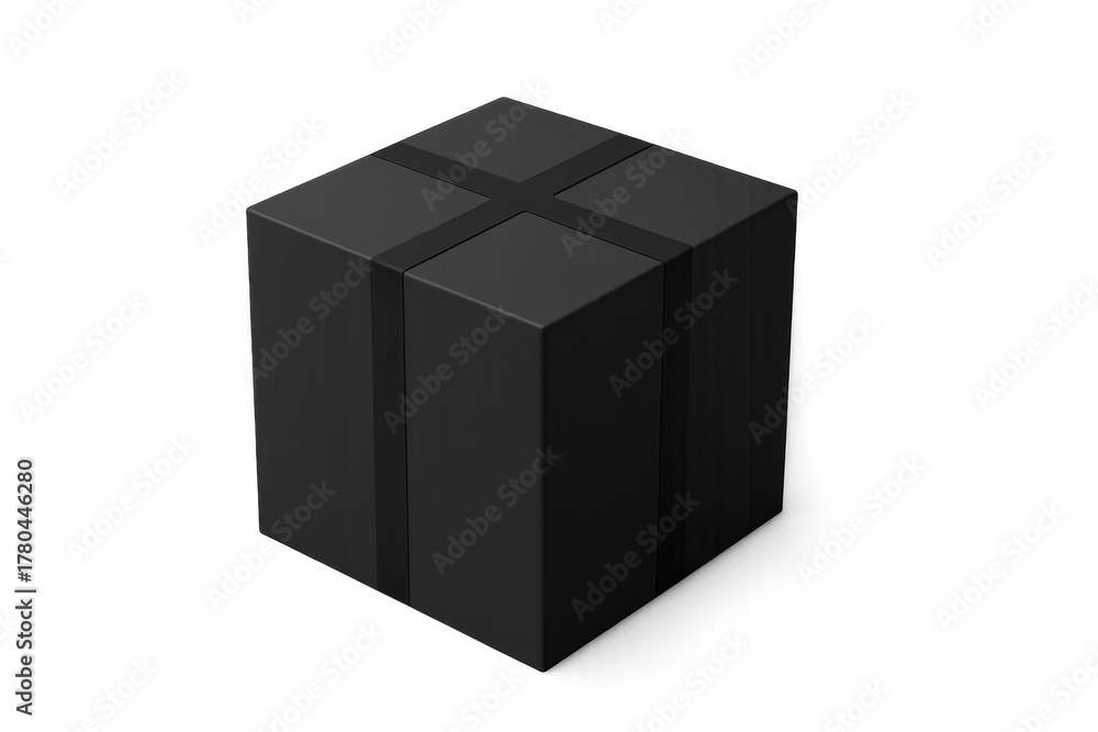 Fototapeta premium Black gift box with dark ribbon packaging for premium delivery, special occasion or mysterious present on transparent background