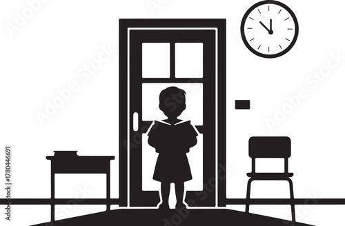 Child Reading Book in Front of Open Door with Clock student