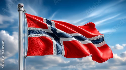 Norwegian flag waving against a blue sky with clouds. The flag features a red background with a blue cross outlined in white.