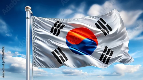 A South Korean flag waving in the wind against a blue sky with clouds. The flag features a central red and blue yin-yang symbol and black trigrams.