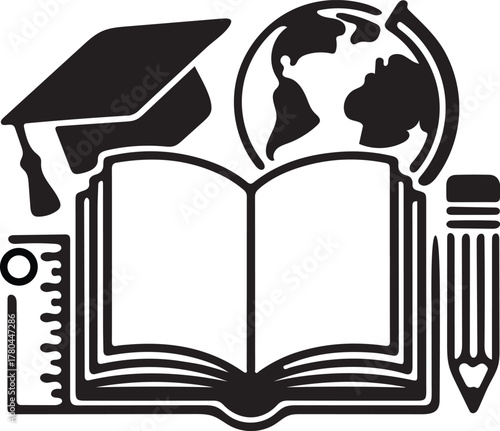 Open book with graduation cap, globe, pencil, and ruler icons education learning