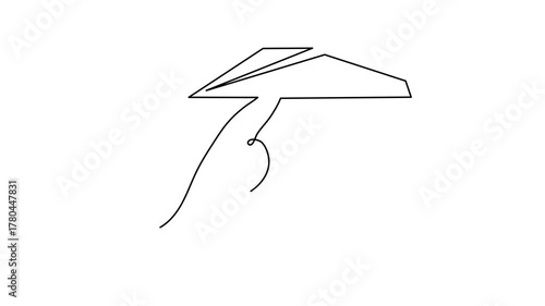 Hand launches plane origami one line art animation, hand-drawn palp throwing airplane flying in air continuous drawing contour motion. Trendy aeroplane travel journey trip vacation outline minimalist