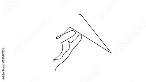 Hand launches plane origami one line art animation, hand-drawn palp throwing airplane flying in air continuous drawing contour motion. Trendy aeroplane travel journey trip vacation outline minimalist 