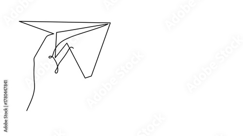 Hand launches plane origami one line art animation, hand-drawn palp throwing airplane flying in air continuous drawing contour motion. Trendy aeroplane travel journey trip vacation outline minimalist 