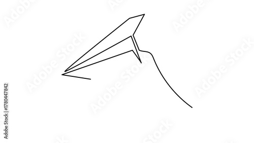 Hand launches plane origami one line art animation, hand-drawn palp throwing airplane flying in air continuous drawing contour motion. Trendy aeroplane travel journey trip vacation outline minimalist 