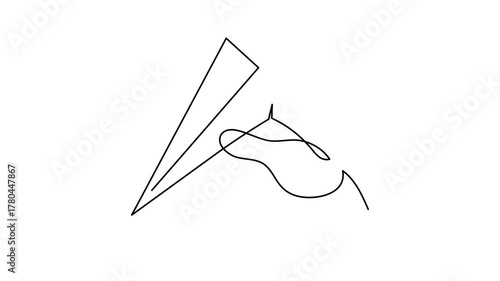 Hand launches plane origami one line art animation, hand-drawn palp throwing airplane flying in air continuous drawing contour motion. Trendy aeroplane travel journey trip vacation outline minimalist