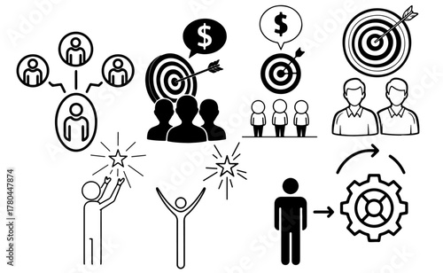 Cartoon illustration of diverse people aiming for financial success with a dart hitting the bullseye target