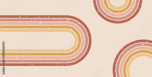 Retro rainbow rounded lines path background. Horizontal banner with arch boho stripes pattern. Vector vintage curved underline geometric backdrop. Dynamic curved abstract wallpaper.