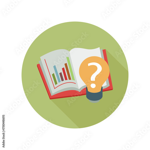 Flat illustration of an open book with a question mark light bulb, symbolizing research, knowledge, learning, and problem-solving concepts.