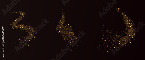 Golden glitter dust with sparkling curved lines on dark night sky set. Shimmer spray effect for festive celebration collection. Bright stardust, light powder texture. Vector background illustration.