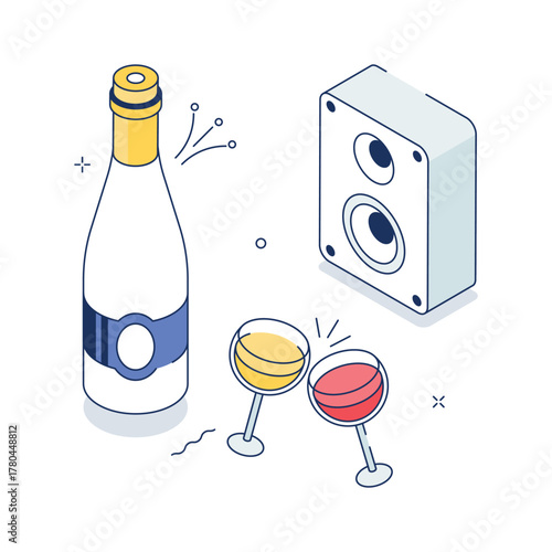 Festive champagne bottle with two glasses in isometric style