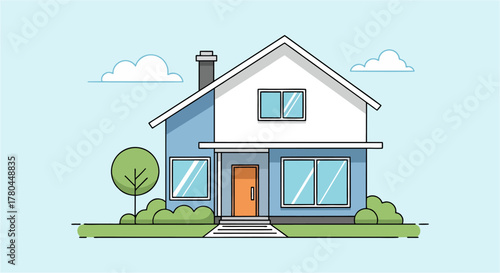cartoon house illustration in a garden and forest landscape