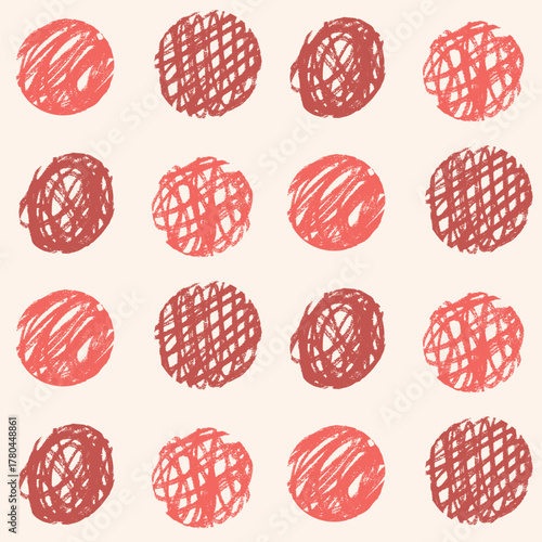 Knitting balls seamless pattern. Crayon feminine endless background. Naive simple dot ornament repeat cover. Round pink, red and beige continuous ornament. Vector hand drawn illustration.