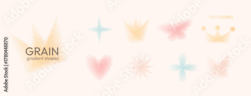 Grain gradient shapes. Y2k dot noise colorful figures set. Crown, butterfly flower dots gradation airbrush elements. Vector grainy texture shapes with abstract groovy tone set on beige background.