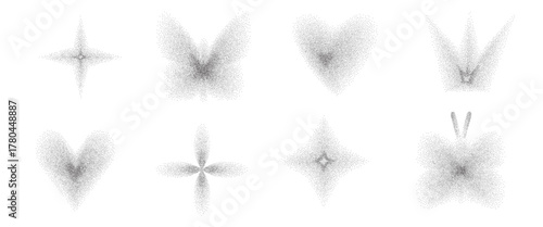 Grain gradient black faded shapes. Y2k dot noise black shadow figures set. Heart, butterfly flower dots gradation airbrush elements. Vector grainy texture twinkle, crown shapes set on transparent bg.