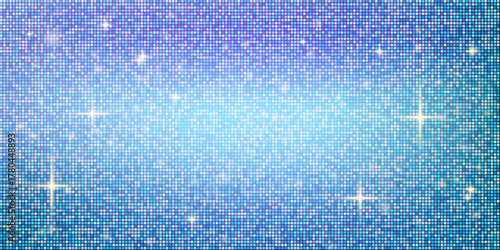 Abstract fashion sequin pixel square mosaic pattern background. Blue mirror glitter texture and sequins shine. Cool neon sparkle background with light reflection. Vector festive disco ball design.