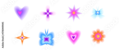 Gradient aura blur vibrant flowers cons in y2k. Hearts and butterflies with gradation colors texture. Soft bold tones for futuristic mood. Purple florals, blinks set. Simple vector forms set isolated.