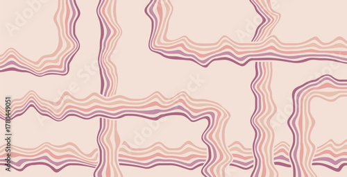 Groovy rainbow pink lines background. Wavy stripes vintage purple colors cover. Playful squiggle wave arch wall design. Vector retro scallop wiggle ornament.