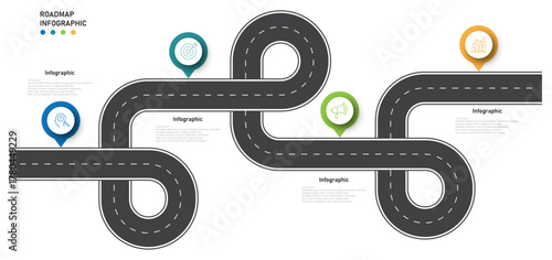 Business roadmap timeline infographic icons. Four steps process or timeline journey. Infographic design template with place for your text. Vector illustration.