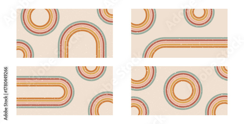 Retro rainbow rounded lines path backgrounds set. Horizontal banners with arch boho stripes pattern. Vector vintage curved underline geometric backdrops collection. Dynamic curved abstract wallpaper.
