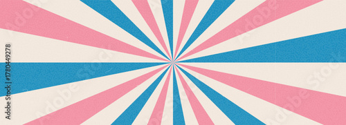 Groovy pink and blue circus pinwheel. Retro starburst background with scratch and dust texture. Sun rays abstract illustration. Vector wavy carnival decoration. Radial stripes vintage backdrop design.