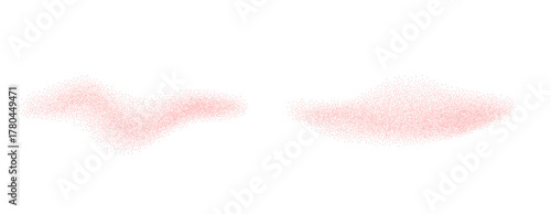 Grainy noise gradient wave splashes. Mineral scrub spa powder shapes. Abstract pink dotwork crystal particles textured elements. Dynamic spray dots cosmetic swatch. Stipple effect vector curvy lines.