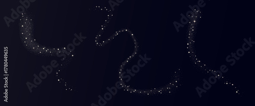 Glittering white snow lines with shimmer dust and starlight set on dark night background. Spark spray effect for Christmas party celebration. Glowing confetti powder texture. Vector festive design.