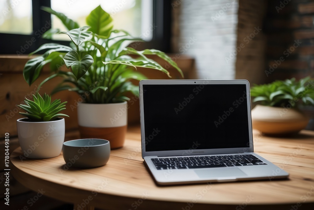Fototapeta premium Wooden table with laptop blank white screen, complemented by a vibrant potted plant