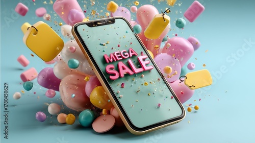 Pastel app promo with pastel smartphone mega sale screen with sparkles, elegant digital sale  concept for app mockup and creative sale promotion UI with digital marketing 