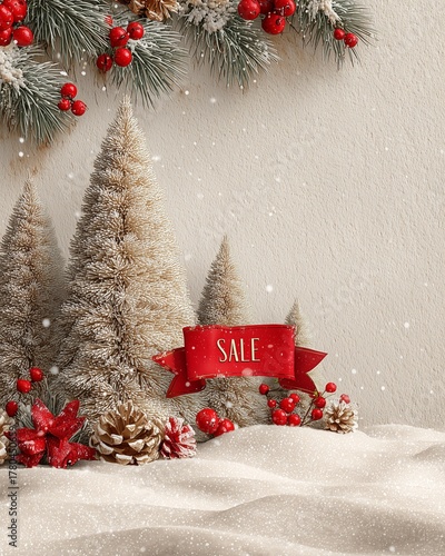 Minimal Christmas SALE advertising with  red SALE banner above abstract Christmas trees, elegant Minimal Holiday Sale Design background and clean Minimal Holiday Sale Design advertising composition
