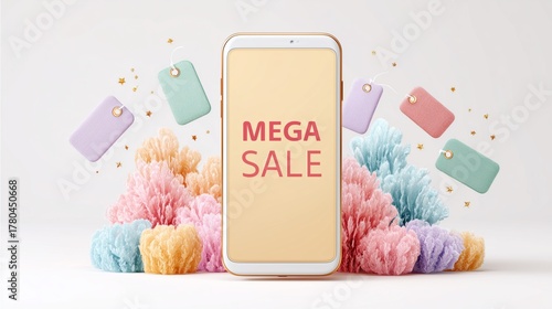 Pastel app promo with pastel smartphone mega sale screen with sparkles, elegant digital sale  concept for app mockup and creative sale promotion UI with digital marketing 