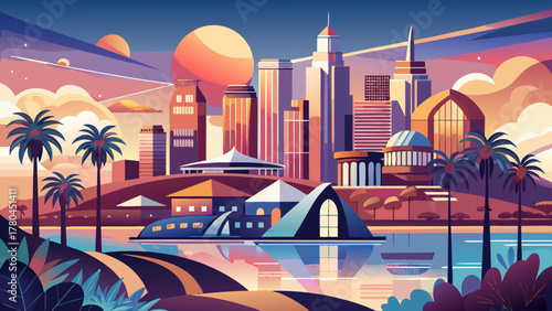 Very beautiful San Diego travel poster in cinematic minimal vector style, featuring simplified skyline with coastal beaches, modern buildings, and warm sunset tones with clean geometric shapes creatin