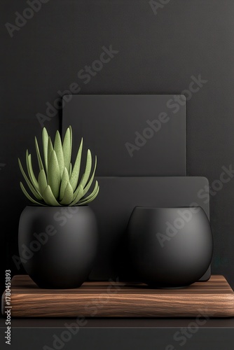 Green succulent plant in black pot on wood shelf, minimalist display, dark textured background, elegant composition