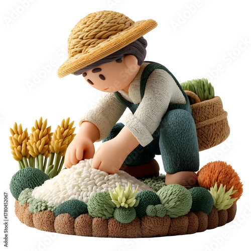 Adorable 3D farmer character with straw hat sowing white grains in a lush miniature garden patch