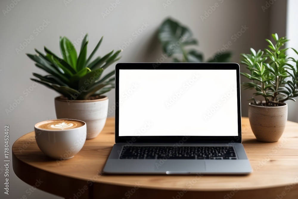Fototapeta premium Wooden table with laptop blank white screen, complemented by a vibrant potted plant