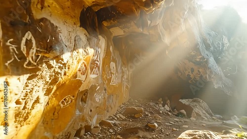 Cave drawings line rocky wall bathed in sunlight, with a rocky floor and cavernous ceiling