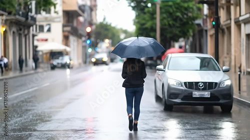 Wallpaper Mural Woman walking with umbrella on a city street in the rain, facing away Torontodigital.ca