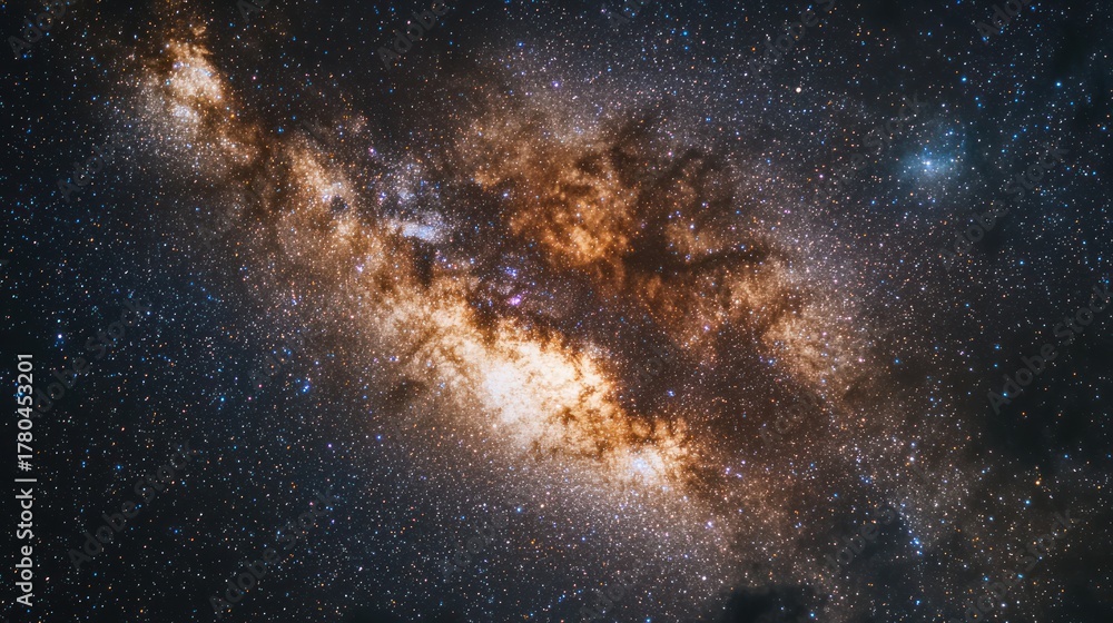 Obraz premium A vast, star-studded expanse of the Milky Way galaxy, with a dense cluster of stars and nebulae, set against a backdrop of deep space. 