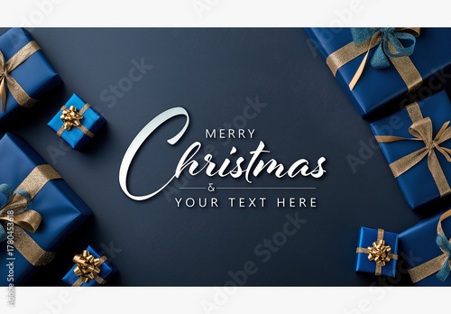 Christmas Card With Blue And Gold Gifts On Dark Background Mockup